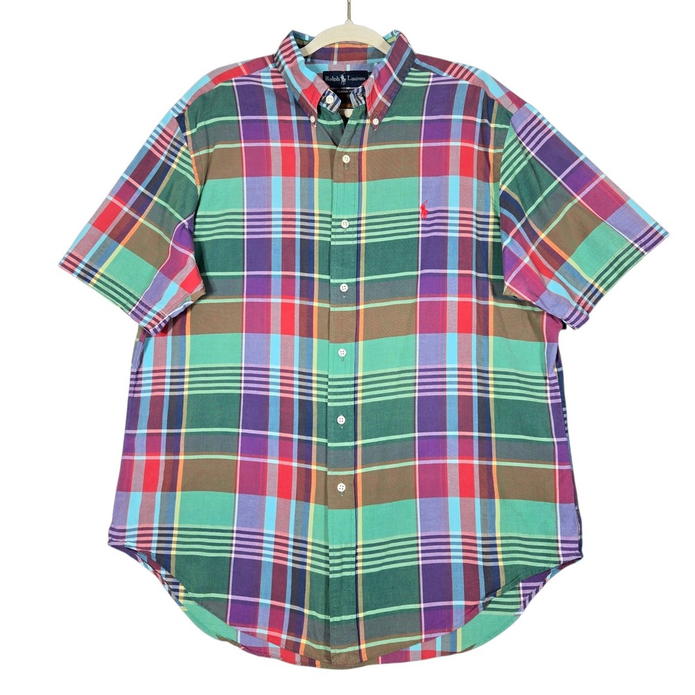 Ralph Lauren Button Down Shirt Mens XL Multicolor Plaid Classic Fit Short Sleeve